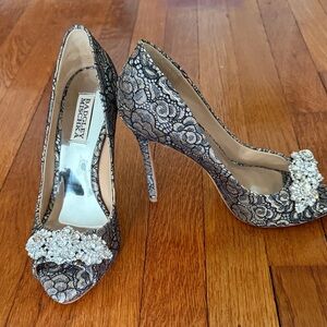 Badgley Mischka Black and Silver Lace Heels